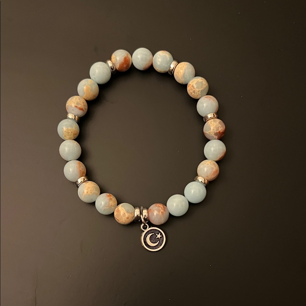 Hand Crafted Blue and Brown Beaded Bracelet with Silver Moon Charm - Picture 4 of 4